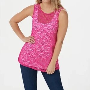 LOGO Layers by Lori Goldstein, Stretch Lace Tunic Tank Top, Pink Peony, Size S